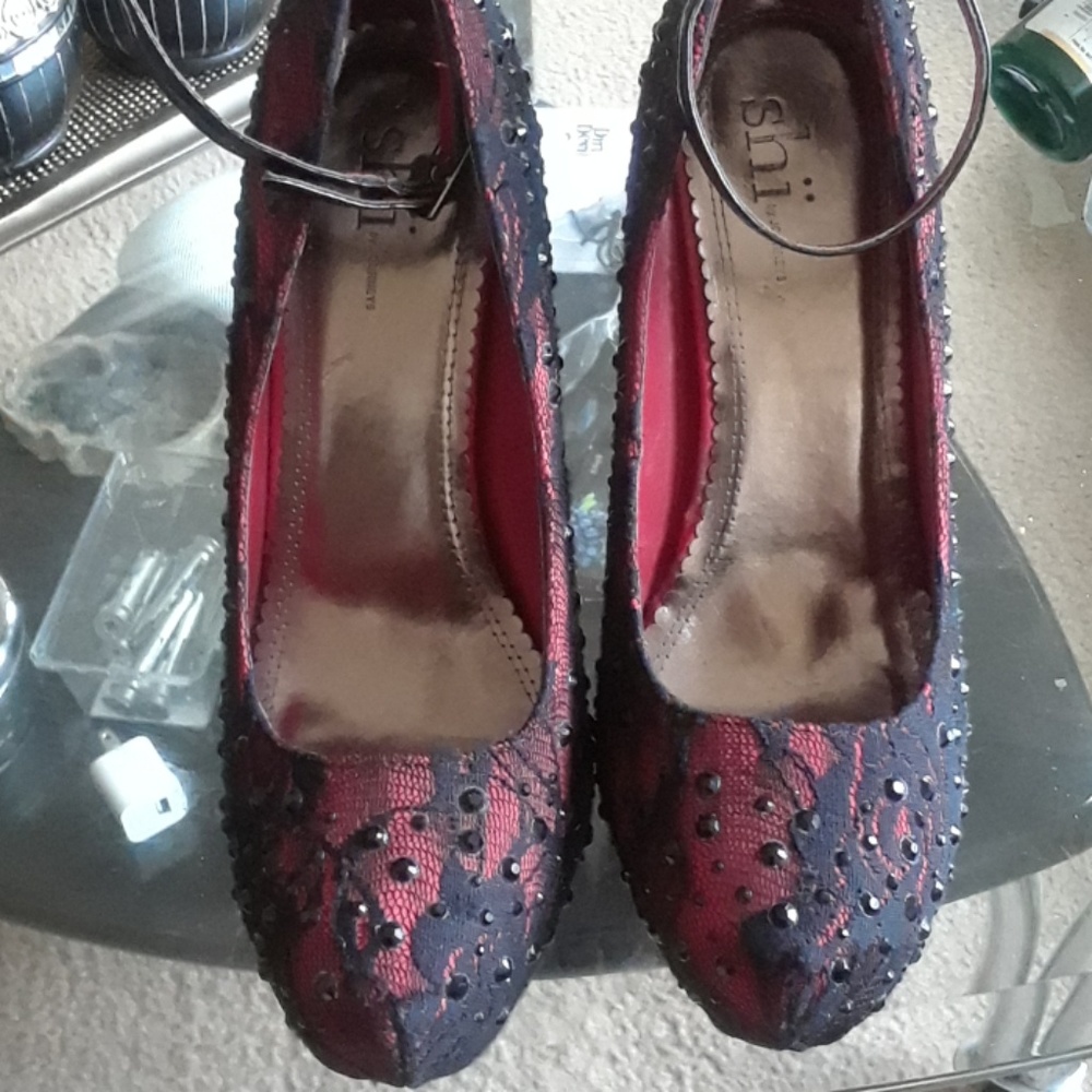 Red & Black Rhinestone Lace Heels